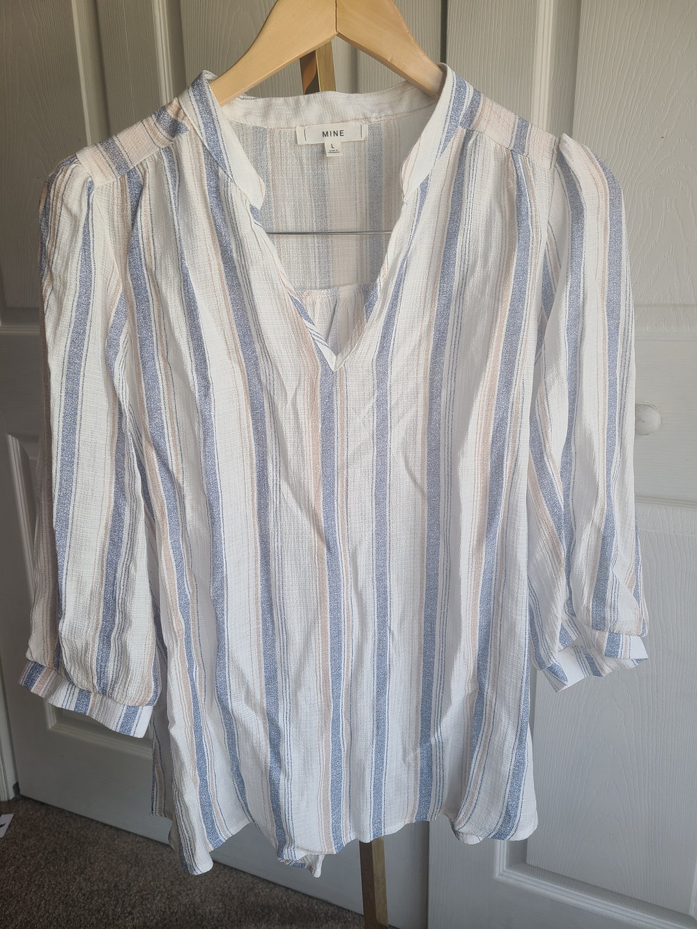 MINE White Blouse with Blue and Tan Vertical Stripes